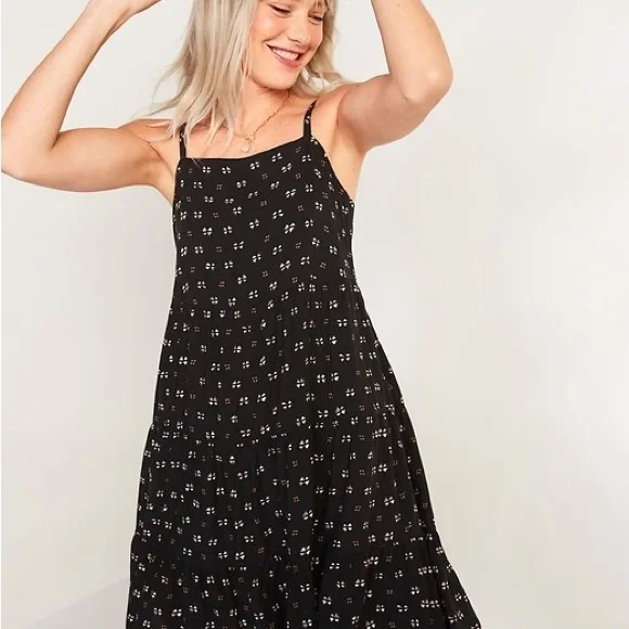 Old Navy Black Print Tiered Swing Dress - Picture 2 of 4